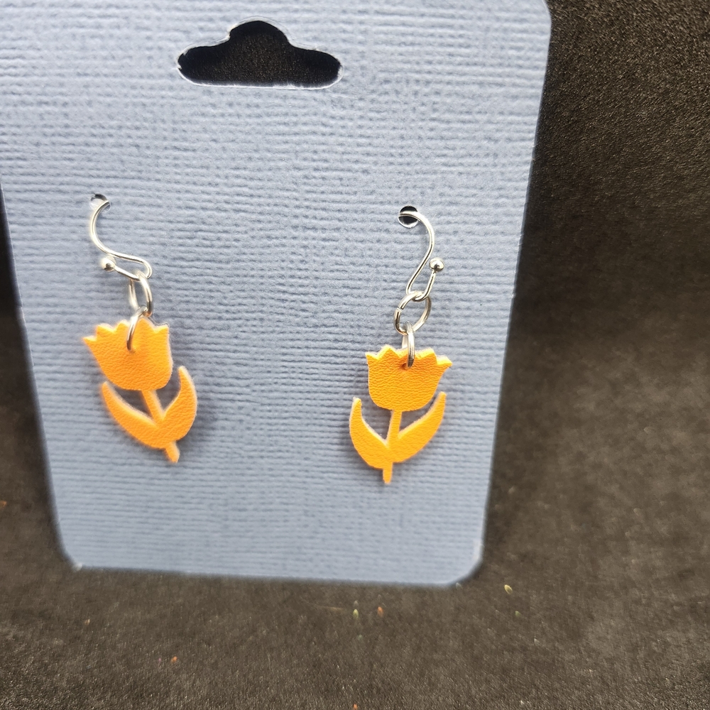 Hand Crafted Faux Leather Dangle Orange Tulip Earrings